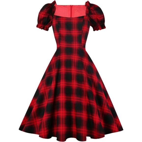 Women's Puff Short Sleeve 1950s Party Dresses Z-black Red Plaid - Picture 2 of 6